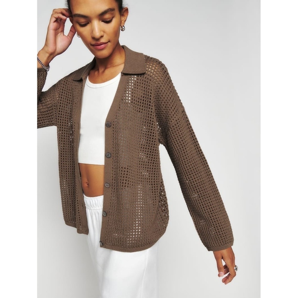 Reformation Milo Cotton Open Knit Cardigan In Brown Women Size XS